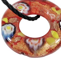 Collier pendentif en forme d'anneau en verre façon sulfure - rouge orange jaune bleu et paillettes dorées - Photo 1