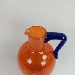 Pichet en verre soufflé orange et poignée bleue - style Murano - Photo 1