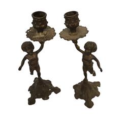 Paire de Chandeliers angelot en bronze  - Photo 1