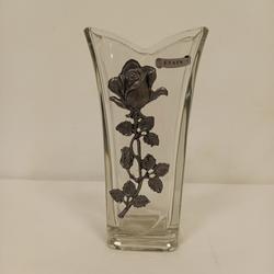 Joli Vase en verre lourd Afibel Grillon Etain avec décoration métal Rose  - Photo 0