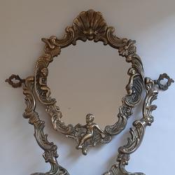  Miroir psyché sur pied en laiton doré, avec coquille et 3 personnages, vintage - Photo 0