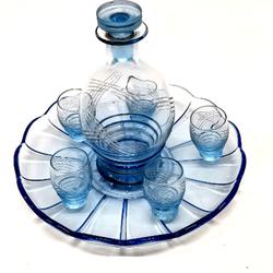Service à liqueur- 5 verres - 1 carafe - 1 plateau - bleu - transparent -verre teinté - Photo 0