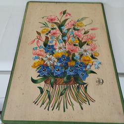 Peinture décorative sur Bois epais de 1.5 cm 40 cm x 59 cm x 1cm Bouquet de Fleurs printanier signe d 'un Homogramme  - Photo 0