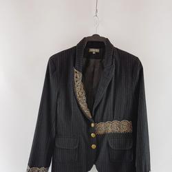 Veste blazer de fêtes noire à rayures beige avec décor de sequins et perles - SERENA KAY - taille 3 - Photo 0