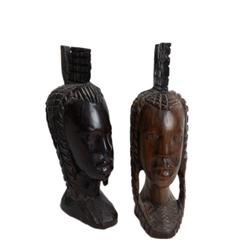 Lot De 2 Sculpture Tête De Femme Africaine Vintage En Bois - Photo 1