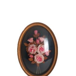 Ancien Cadre Médaillon ovale Verre Composition De Fleurs En tissu  - Photo 1