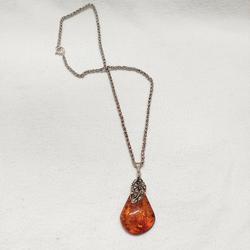 Chaîne- pendentif - collier - imitation ambre en résine - chaîne en argent 925 épaisse  - Photo 0