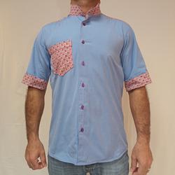 Chemise homme - Rembobinez - taille M- Bleue avec des pièces grises à motifs géométrique roses - Photo 0