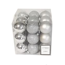 Lot neuf de 27 boules de noël Monoprix argentées (3 modèles) Ø5cm.  - Photo zoomée