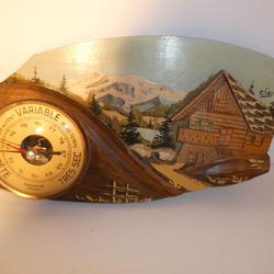 Baromètre à précision vintage en bois sculpté décor montagne  - Photo 0