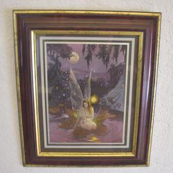 Tableau motif fée sur une feuille dans l'eau (brillant), cadre en plastique marbré et doré (28 * 33 cms) - Photo 1