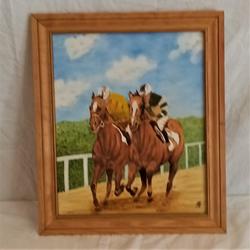 tableau peinture acrylique chevaux de course signé AF - Photo zoomée