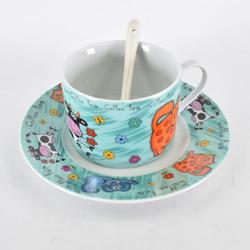 2 tasses à thé Coffee Tea, leur soucoupe (motif animaux domestiques) et 3 couverts marque Trebimbi - Photo 1