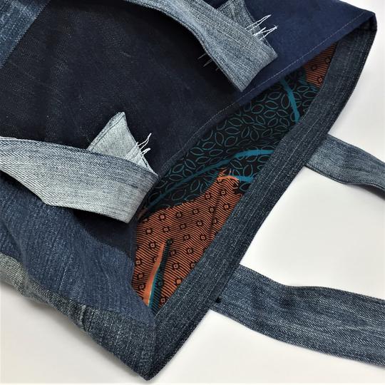 Matières recyclées : Tote bag 100% jean recyclé doublé d'un coton - Motifs turquoises - Photo 0