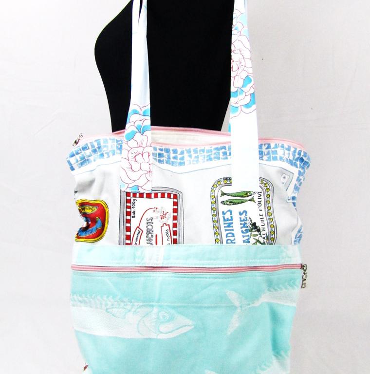 Upcycling - Sac Tote Bag turquoise mixte hipster boîtes de conserve  - Photo 3